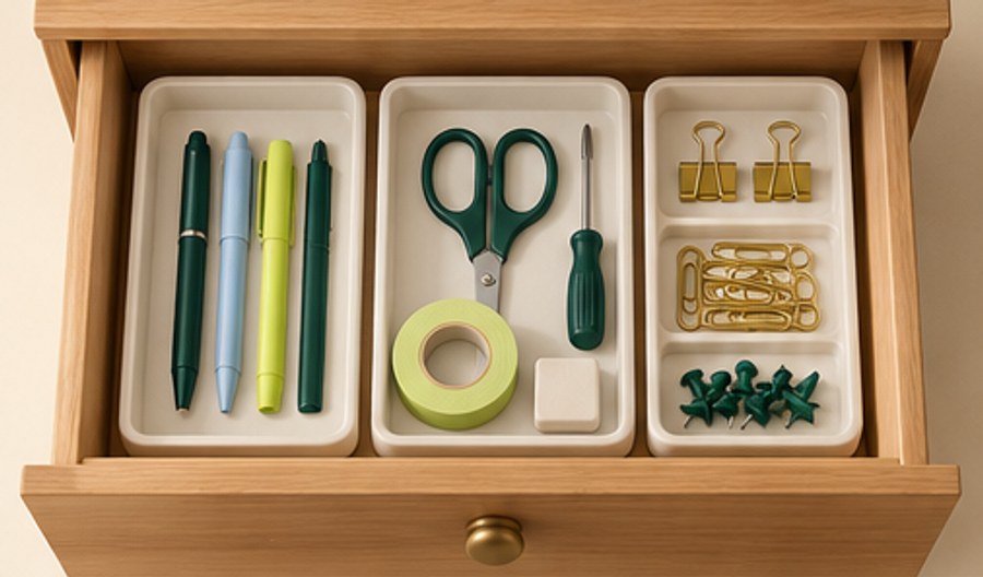 Illustration of one drawer divided into writing supplies, small tools, and tiny items.